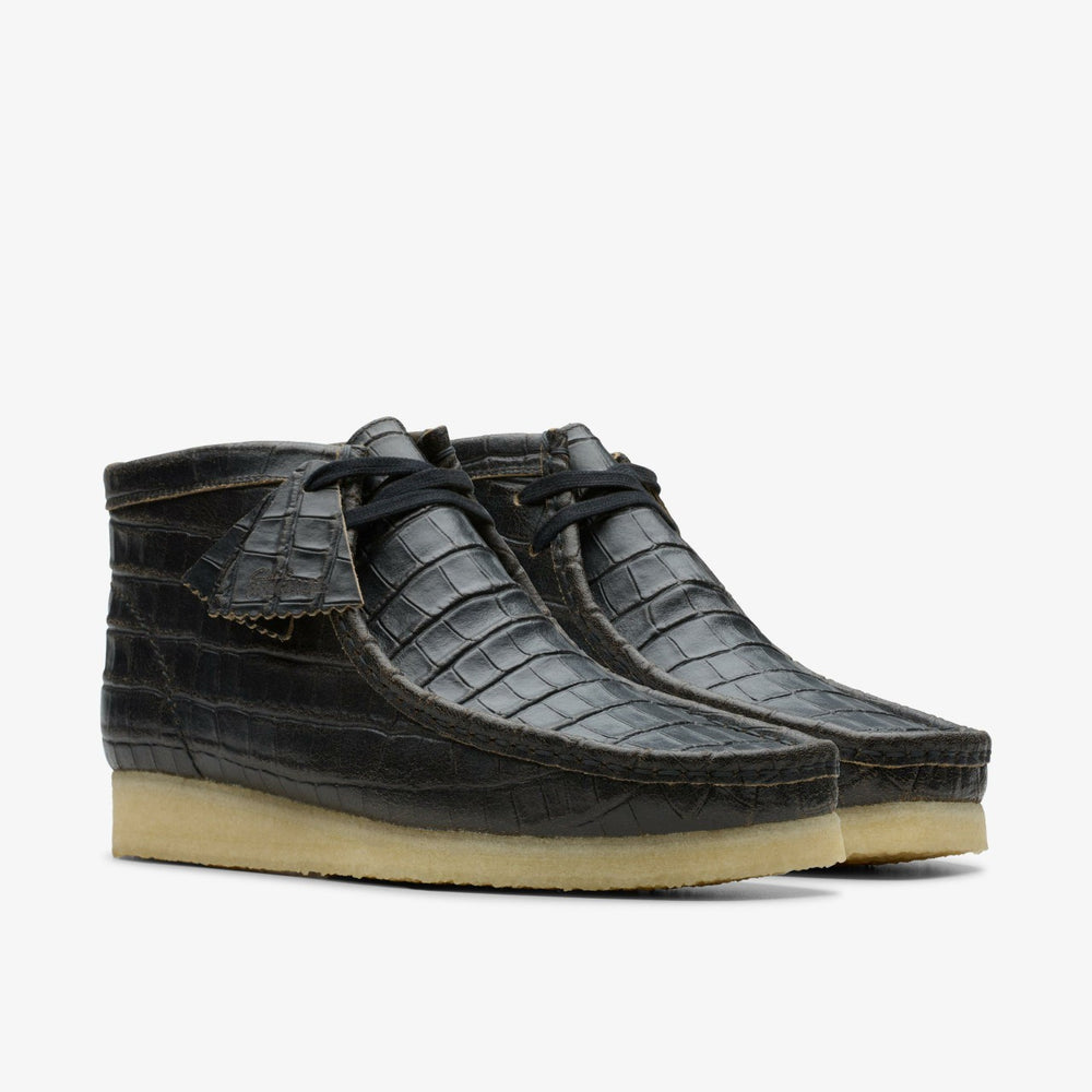 Wallabee Boot Black Crocodile Distress | Clarks for sale