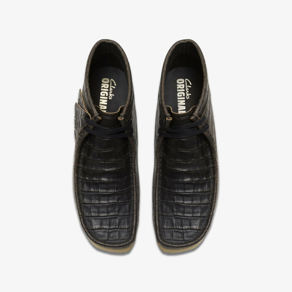 Wallabee Boot Black Crocodile Distress | Clarks for sale